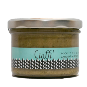 Vasetto di "Cioffi'", mousse di carciofi e menta, con etichetta azzurra e coperchio in metallo.