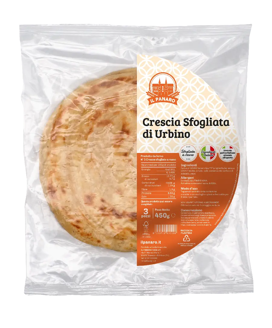 Crescia Sfogliata di Urbino" prodotta da "Il Panaro". La confezione contiene 3 pezzi da 450g. L'etichetta evidenzia che la crescia è fatta con ingredienti italiani e che è preparata a mano. Vengono fornite anche informazioni nutrizionali, come energia, grassi, carboidrati, fibre, proteine e sale.