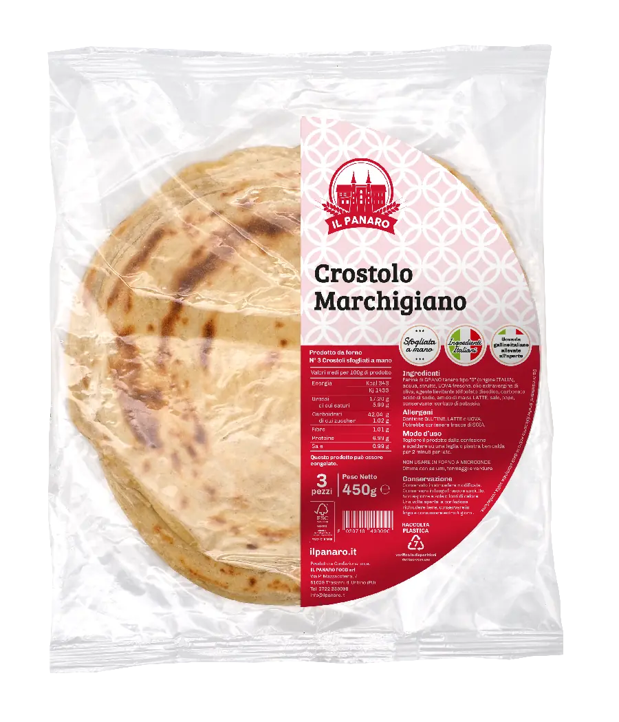 Pacchetto di Crostolo Marchigiano, con 3 pezzi da 450g, etichetta che mostra ingredienti, valori nutrizionali e la dicitura 'Sfornato a mano'.