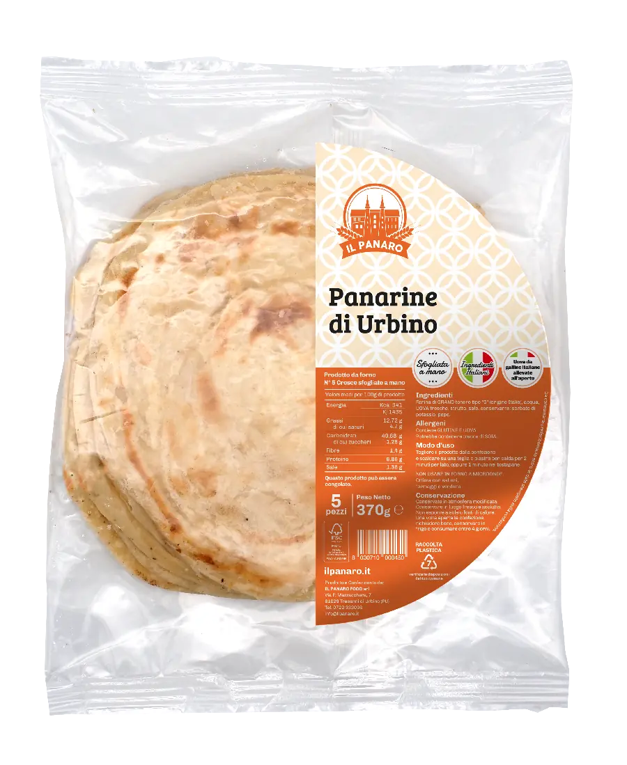 Pacchetto di Panarine di Urbino, con 5 pezzi da 370g, etichetta che mostra ingredienti, valori nutrizionali e la dicitura 'Prodotto da forno'. La piadina è descritta come 'sfogliata a mano' con un richiamo alla tradizione italiana.