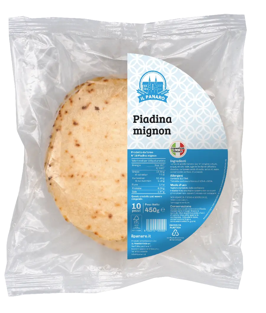 Pacchetto di Piadina Mignon, con 10 pezzi da 450g, etichetta che mostra ingredienti, valori nutrizionali e la dicitura 'Prodotto da forno'.