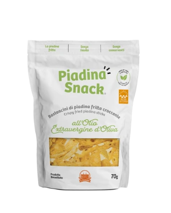 Pacchetto di Piadina Snack con Olio Extravergine d'Oliva, bastoncini di piadina fritta croccante, da 70g.