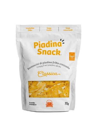 Pacchetto di Piadina Snack Classica, con bastoncini di piadina fritta croccante, da 70g.